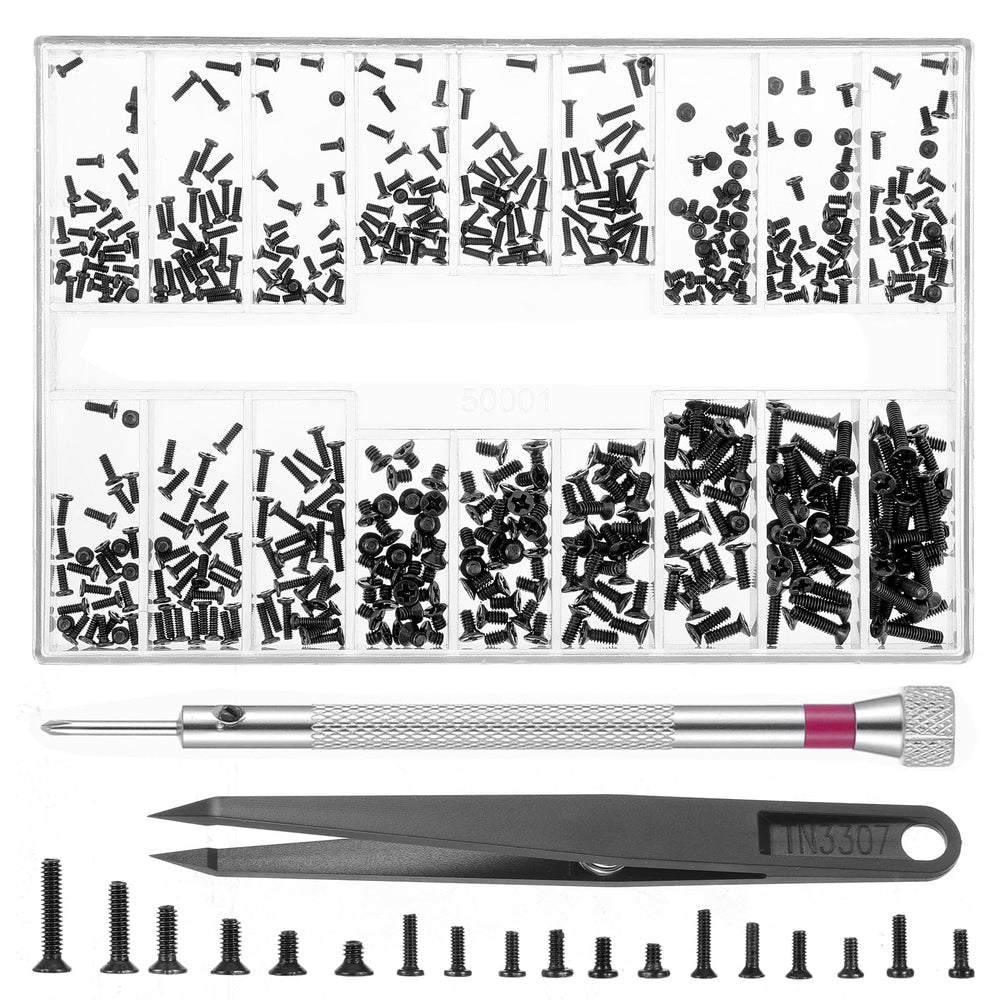 630 piece micro screws kit with round screwdriver and tweezers
