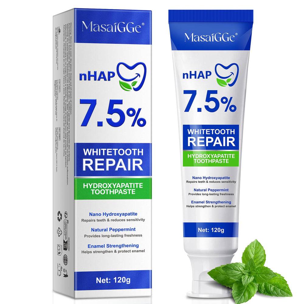 Front view of 120g fluoride-free hydroxyapatite toothpaste with 7.5% formula