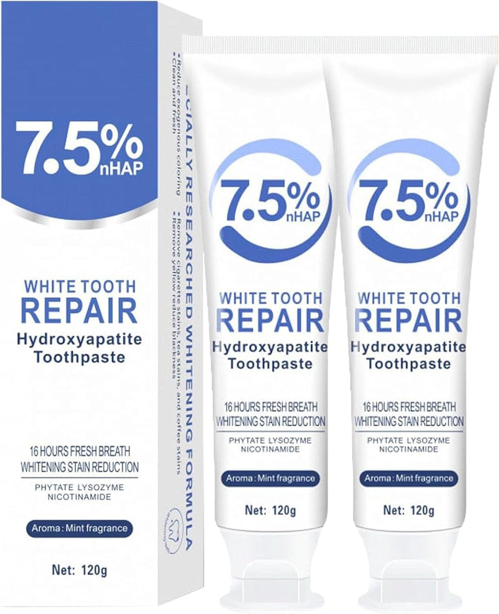 Front view of two-piece 7.5% hydroxyapatite toothpaste