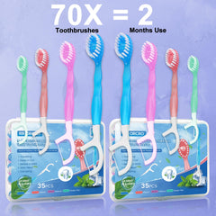 Close-up of mini 5-in-1 disposable travel toothbrush showing toothbrush, toothpaste, tongue scraper, floss, and pick