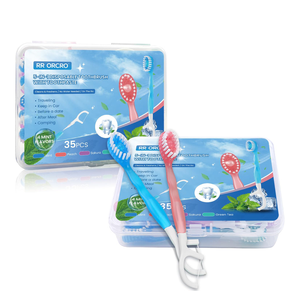 Individually wrapped mini toothbrushes ready for travel in a compact box