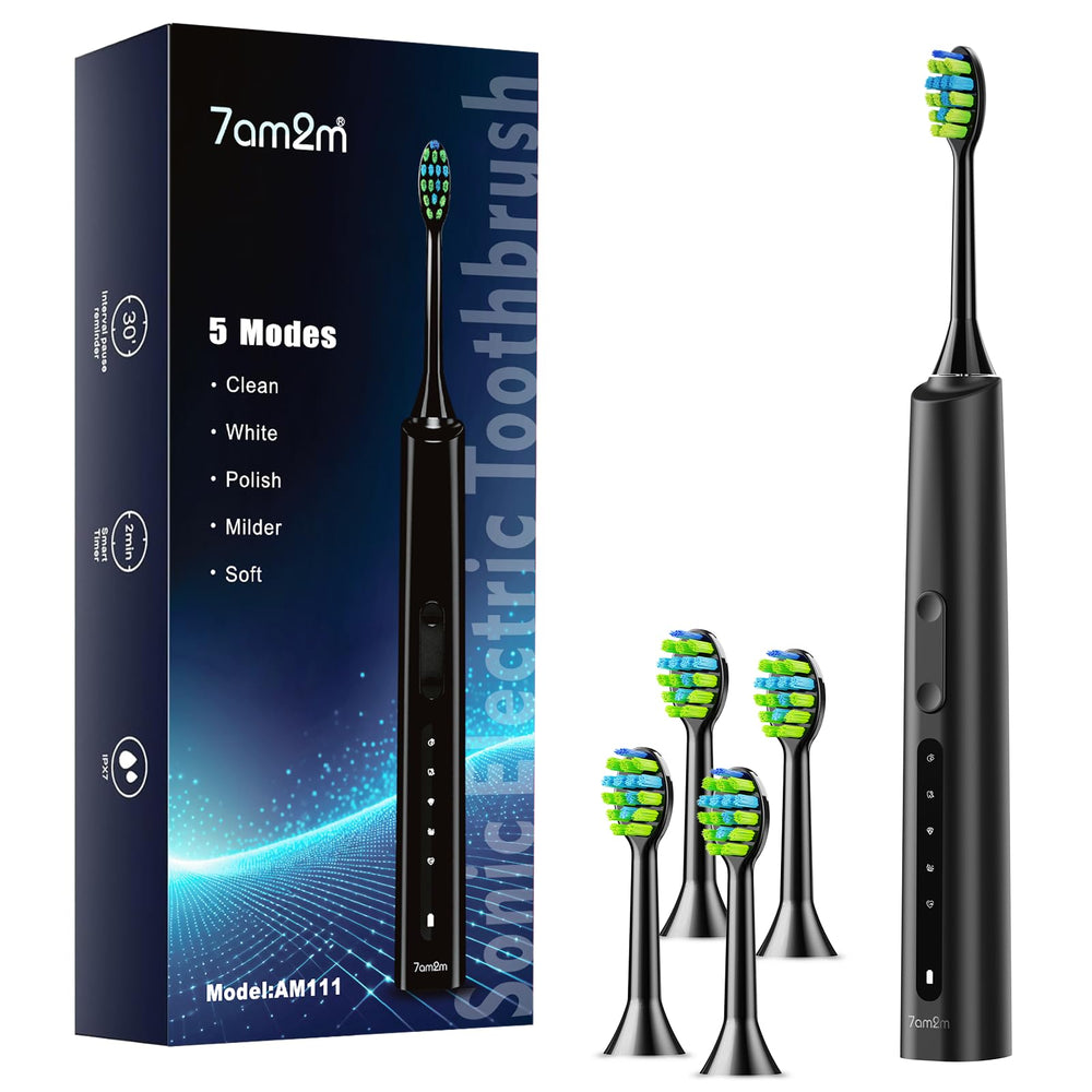 7AM2M Sonic Electric Toothbrush Black - front view with brush heads attached