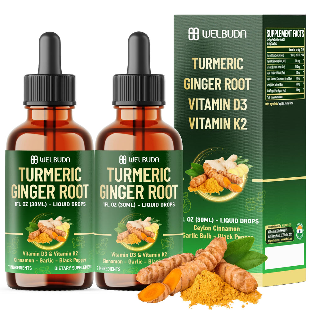 Main product image: 7in1 Liquid Turmeric Curcumin bottle with vitamin D3, K2, ginger, cinnamon, garlic and black pepper