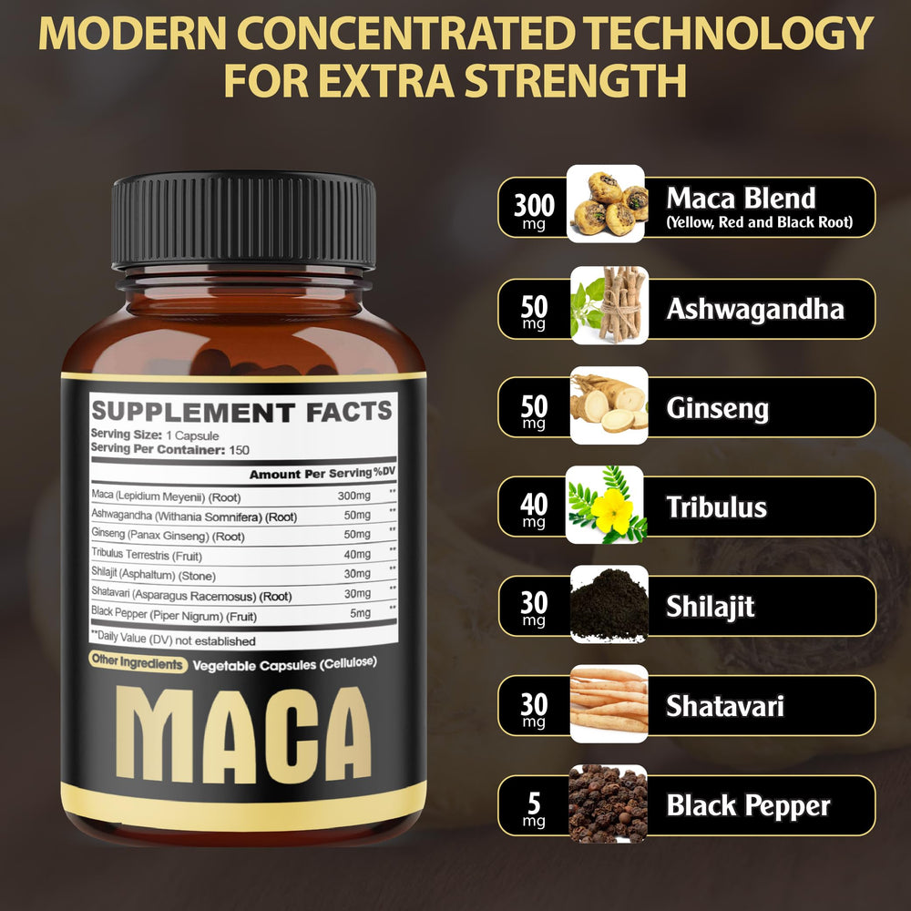 Back view of the bottle with supplement facts for 7in1 Maca Root Capsules, 150 count