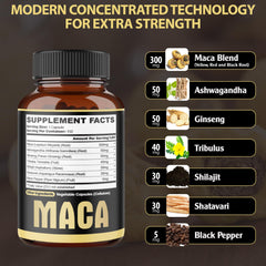 Back view of the bottle with supplement facts for 7in1 Maca Root Capsules, 150 count