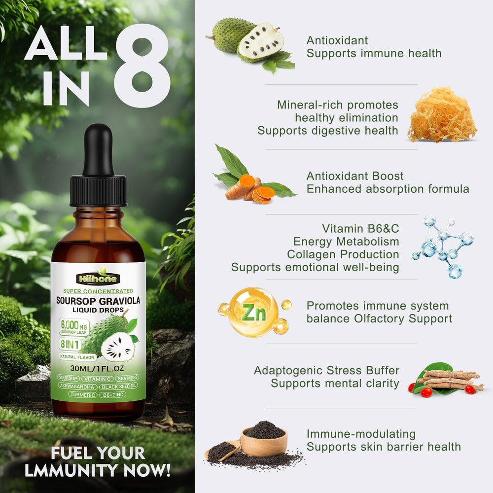 Close-up of 8 in 1 Graviola Soursop liquid bottle and label