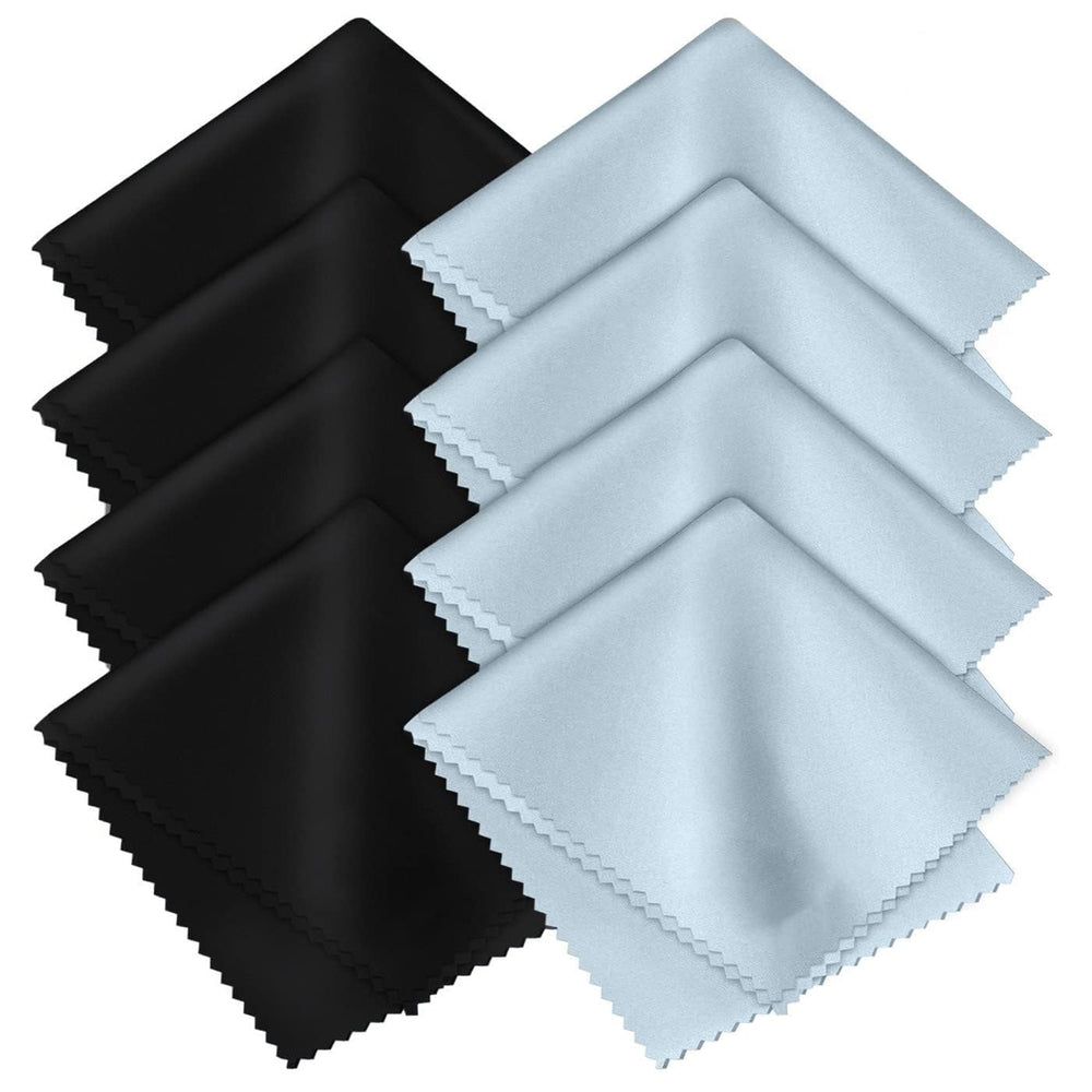 Eight-pack premium microfiber cleaning cloths in black and blue colors