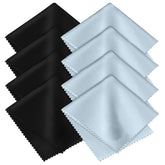 Eight-pack premium microfiber cleaning cloths in black and blue colors