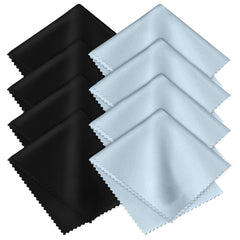 Eight-pack premium microfiber cleaning cloths in black and blue colors