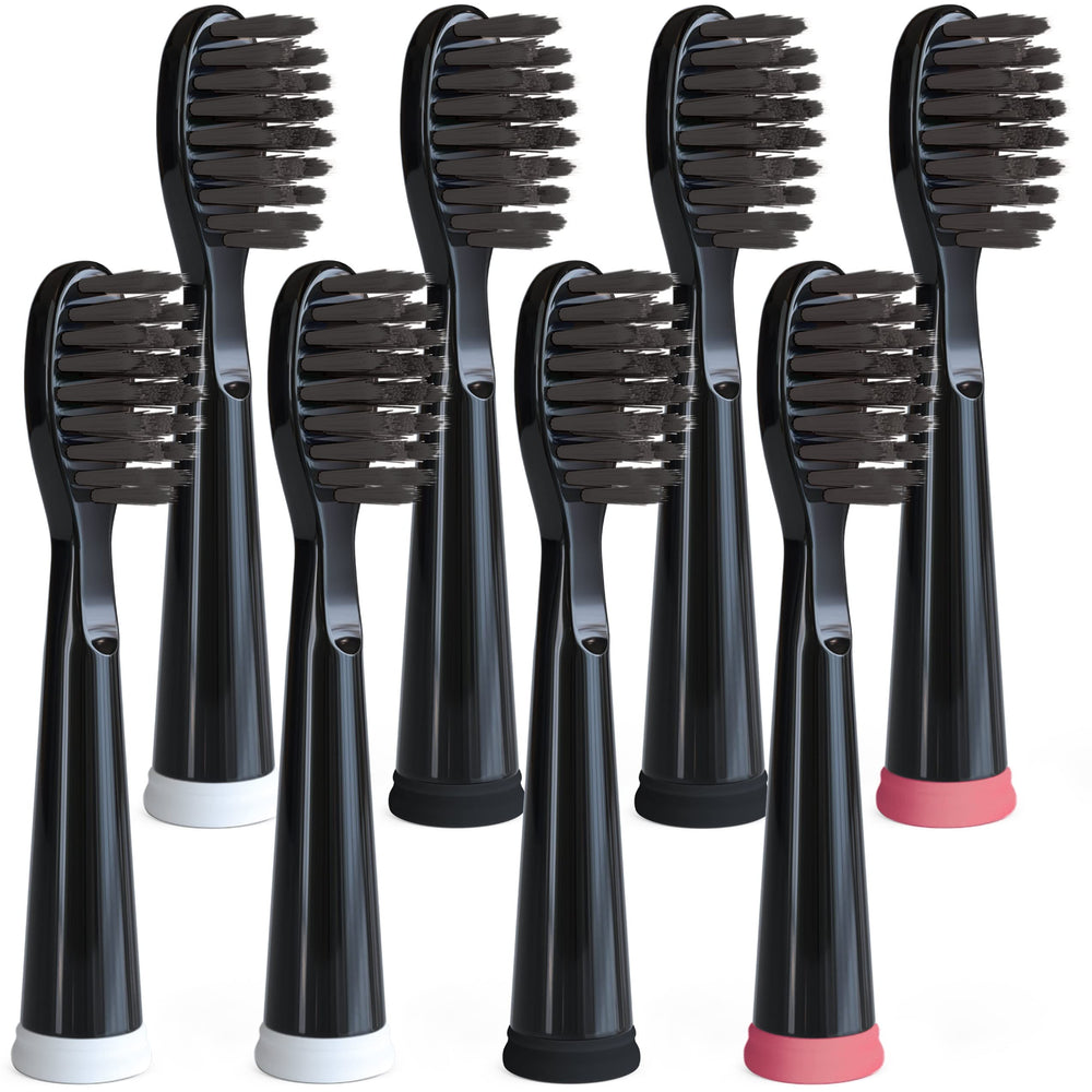 8-pack replacement electric toothbrush heads compatible with Fairywill, Sonic-FX, and SnapWhite in black.