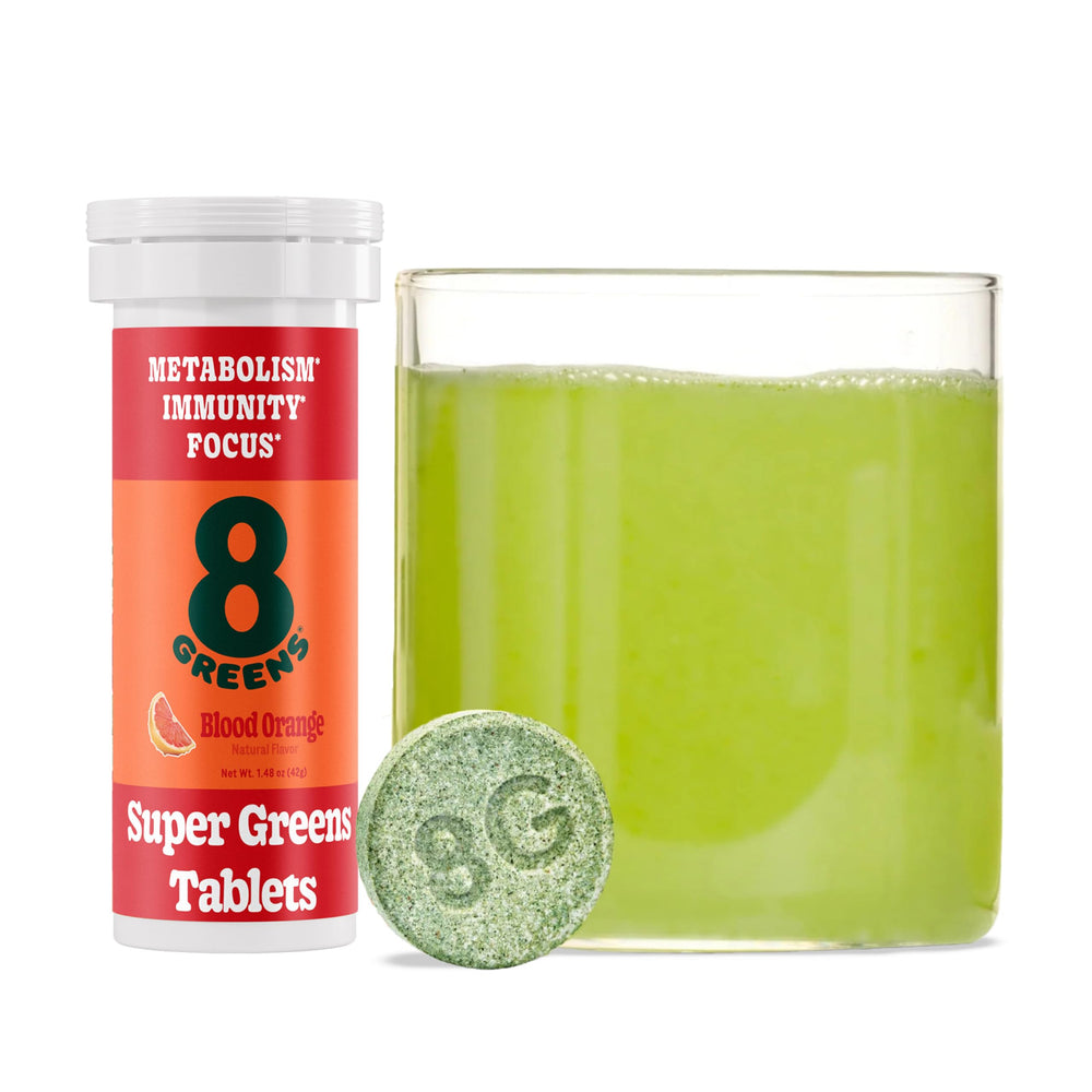 8Greens Supergreens tablets bottle with fruity branding