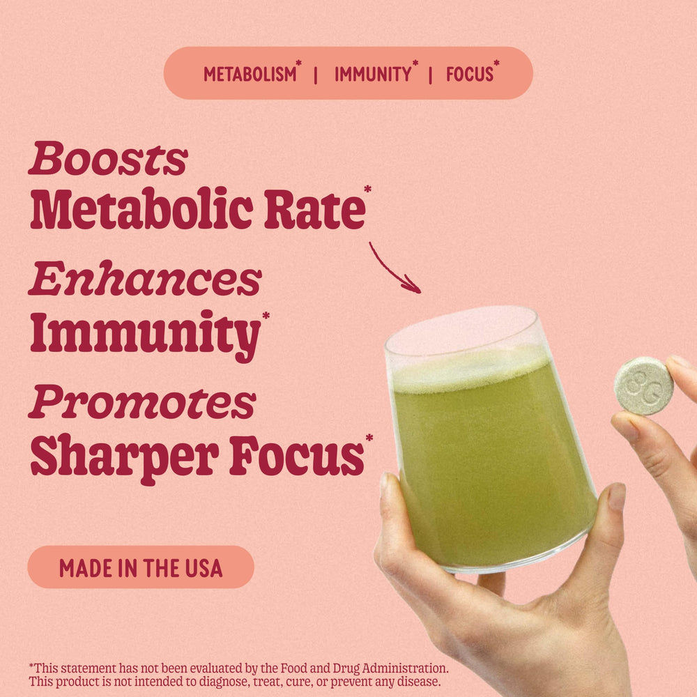 Organic greens blend: Aloe Vera, Spirulina, Chlorella, Spinach, Wheatgrass, Barley Grass