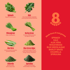Close-up of spinach, wheatgrass and blue green algae ingredients