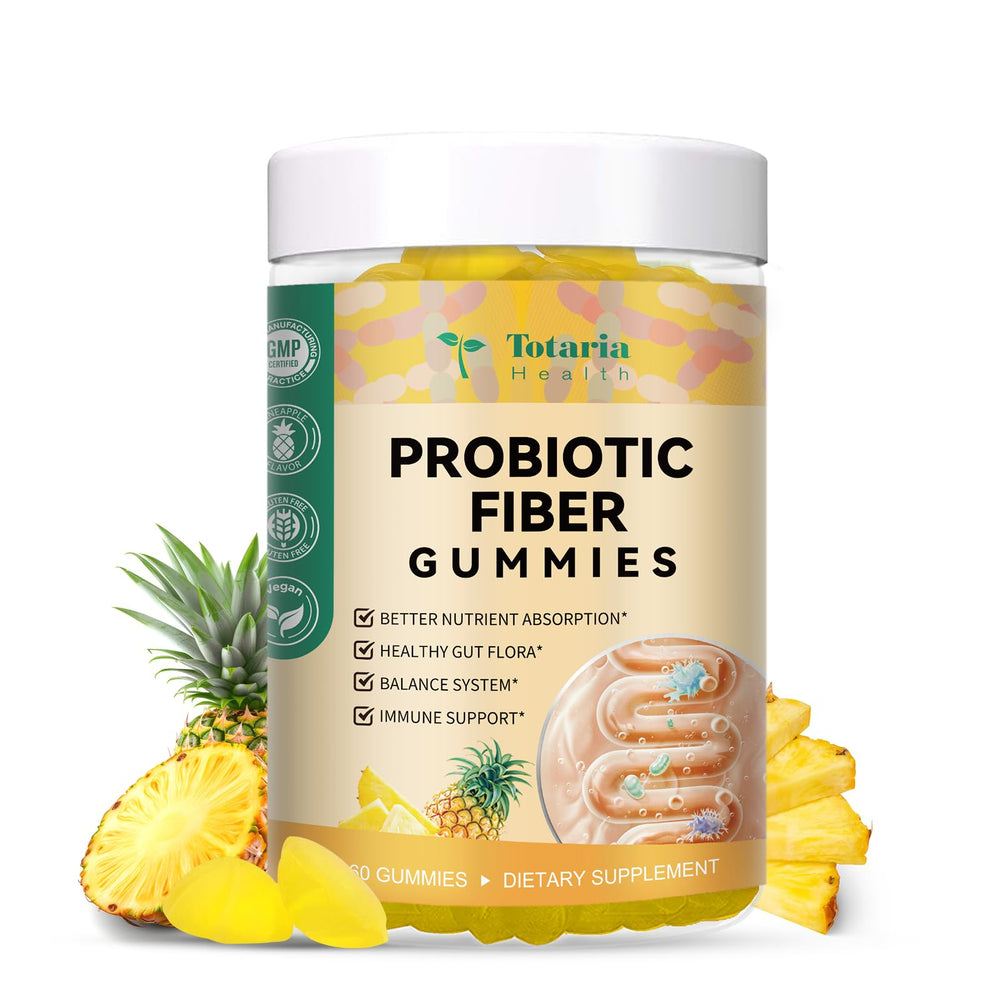 Pineapple-flavored 60-count probiotic fiber gummies bottle