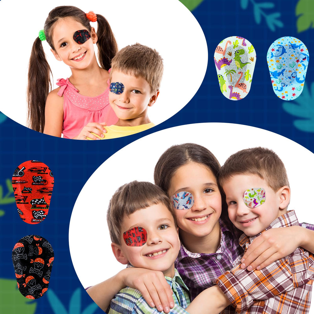 Nine playful patterns for kids eye patches including sharks, cars, pirates
