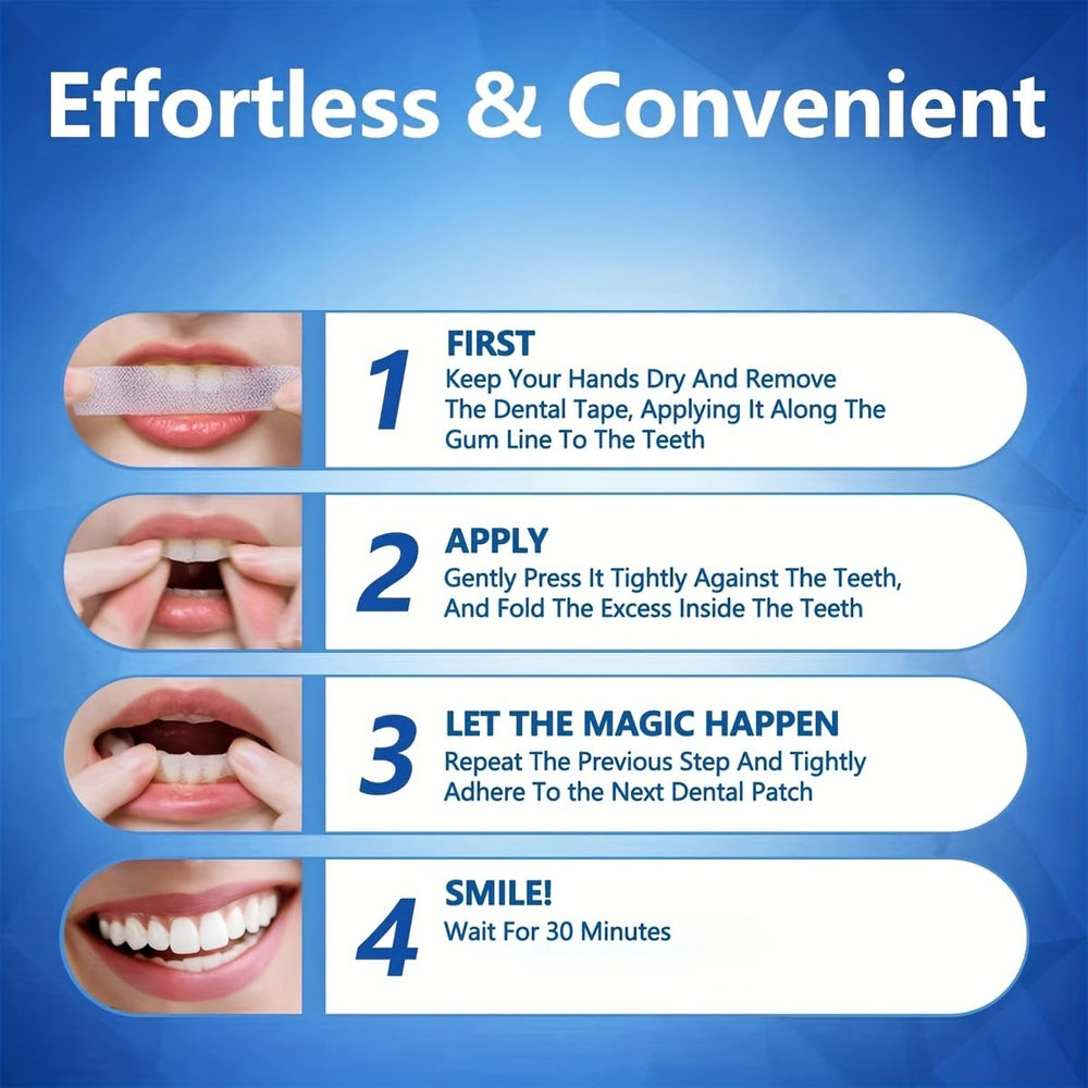 Usage steps: brush, rinse, apply whitening strip