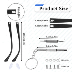 Close-up of replacement temples, screws and gaskets in TR90 repair kit