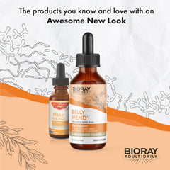 Flat lay of BIORAY Daily Belly Mend packaging and bottle