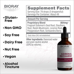 BIORAY Adrenal Recharge 4 oz bottle label showing Non-GMO, Vegan, Gluten Free