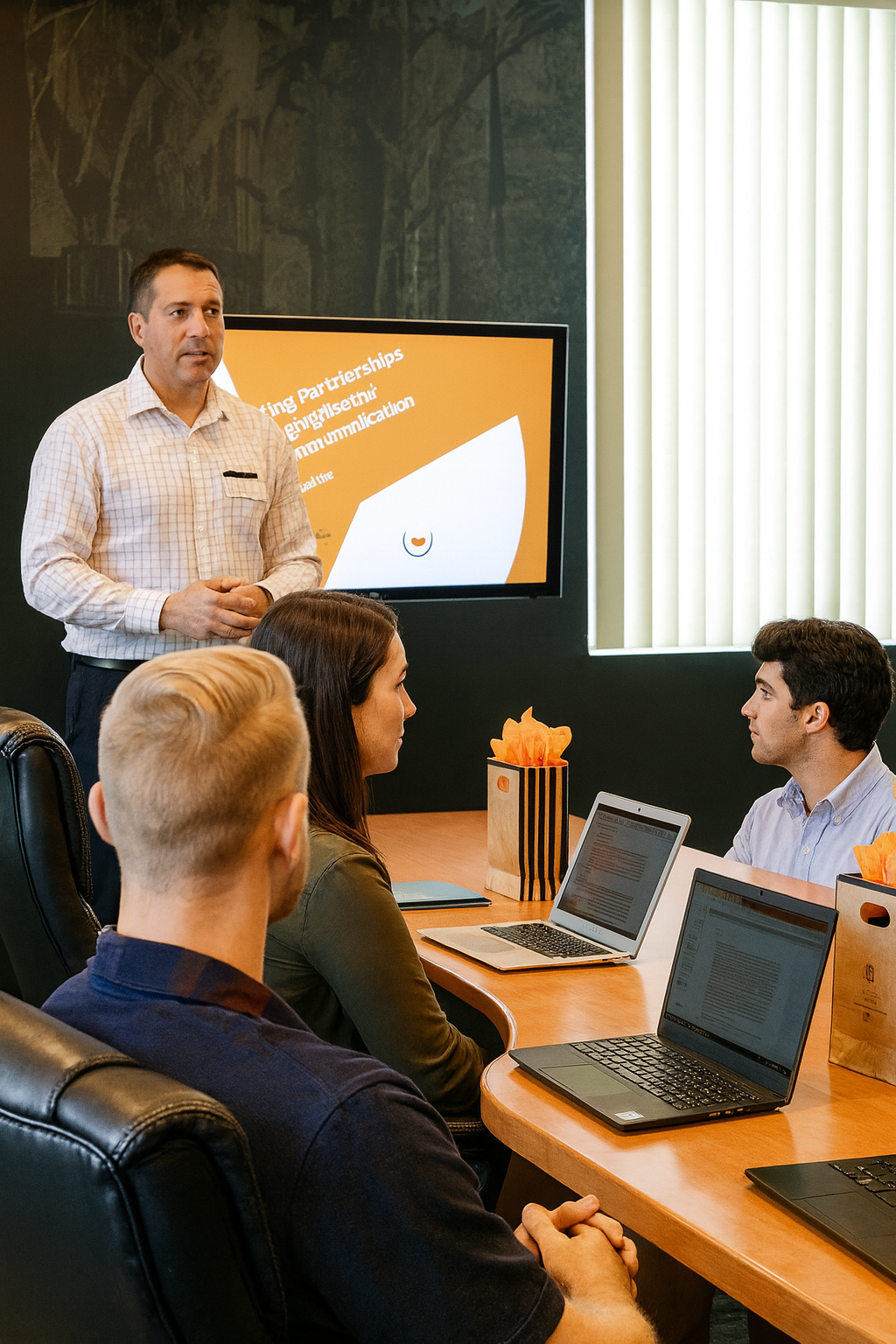Man presenting to a group of people in a conference room with laptops and a screen.