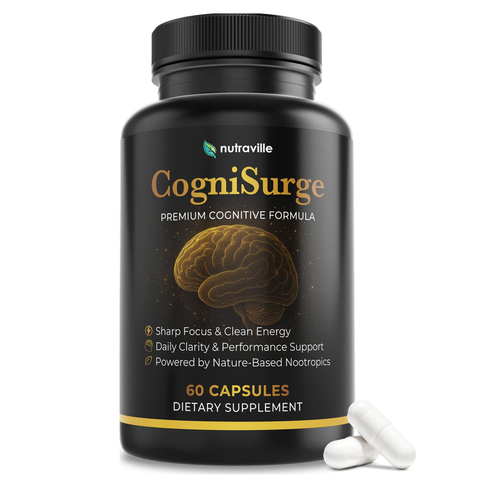 CogniSurge bottle showing Lions Mane and Shilajit ingredients