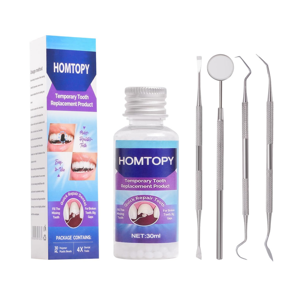 DIY Temporary Tooth Repair Kit with heat-fit beads and tools laid out