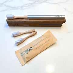 EcoGoTravel screwable toothbrush with aluminum handle and bamboo head