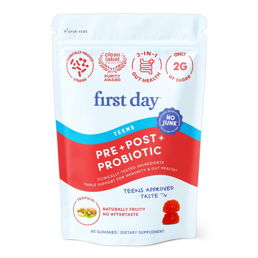 Front view of FIRST DAY Teens' Tribiotic Gummies bottle