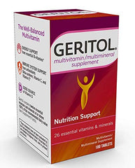 Geritol multivitamin tablets beside the bottle