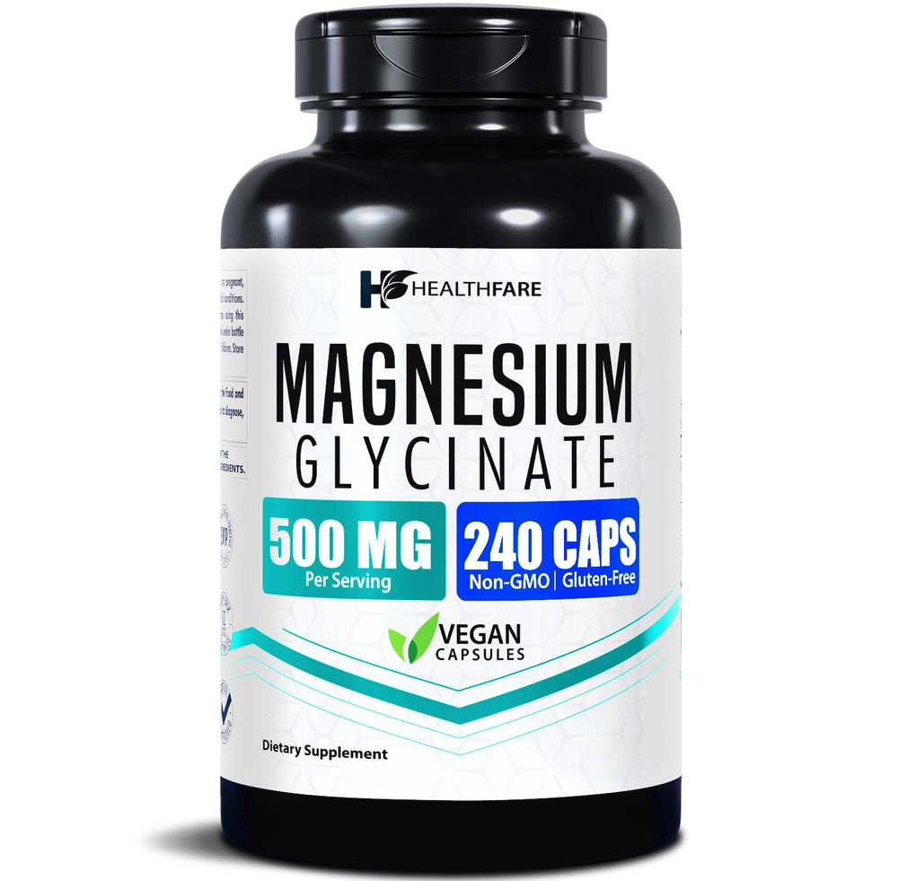 HealthFare Magnesium Glycinate 500mg bottle with 240 vegan capsules