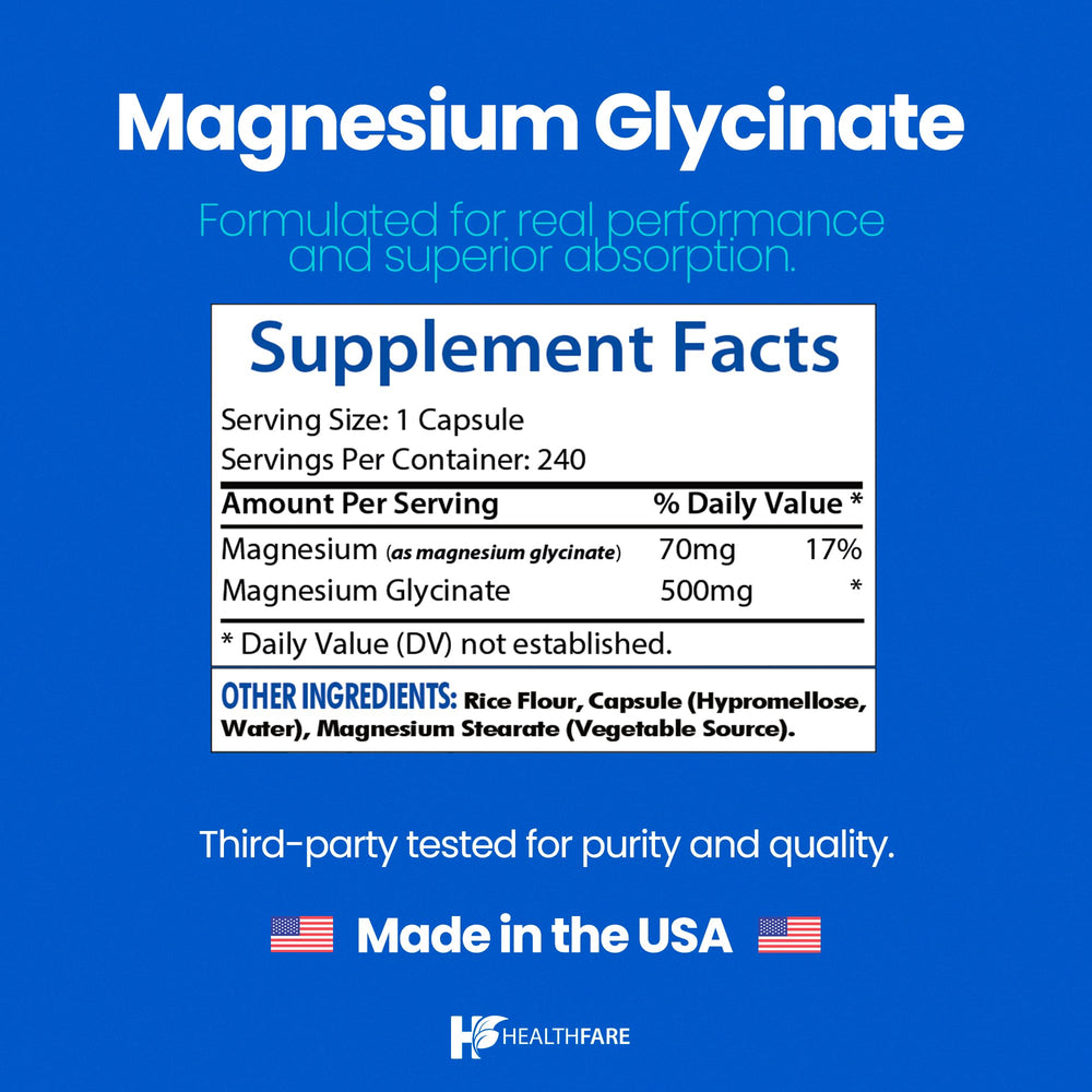 Made in USA label on HealthFare Magnesium Glycinate bottle