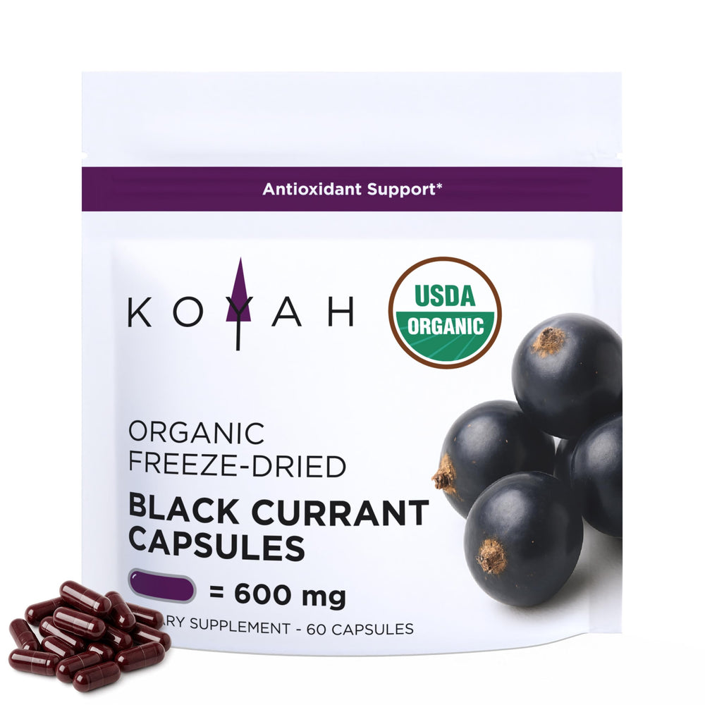 Front view of KOYAH Organic Black Currant Capsules bottle