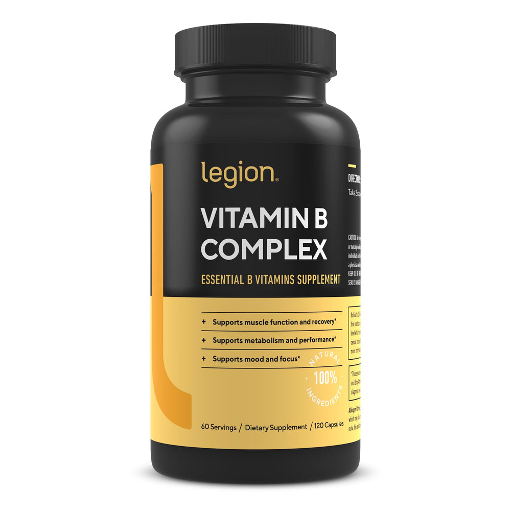 Legion Vitamin B-Complex bottle with 120 capsules on white background