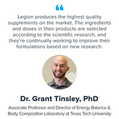 Graphic showing benefits of Legion Vitamin B-Complex: energy, mood, metabolism, and muscle support