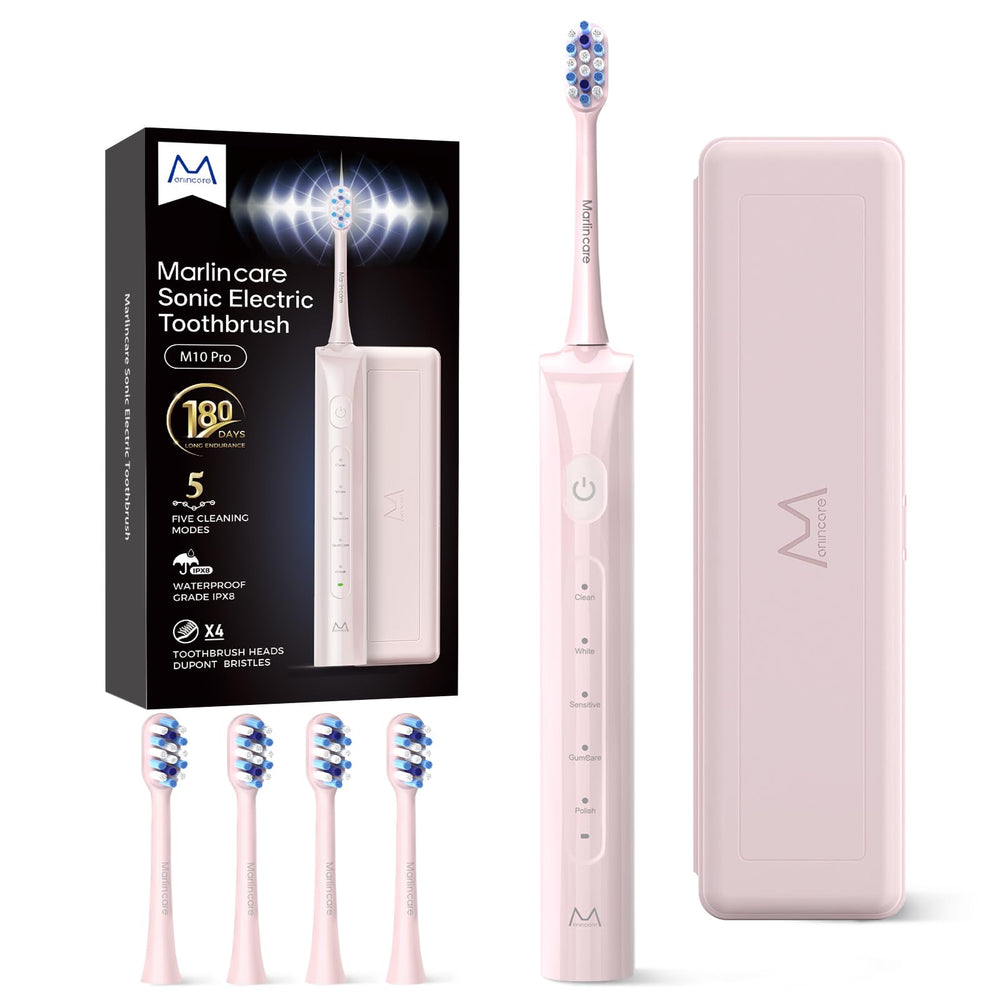 Marlincare pink electric toothbrush with travel case and 4 replacement heads
