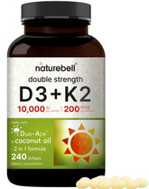 Bottle front of NatureBell Vitamin D3 10,000 IU + K2 200 mcg 240 softgels