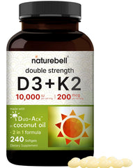 Bottle front of NatureBell Vitamin D3 10,000 IU + K2 200 mcg 240 softgels