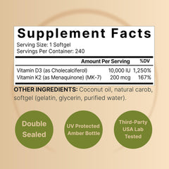 Side view of NatureBell Vitamin D3 K2 240 softgels bottle