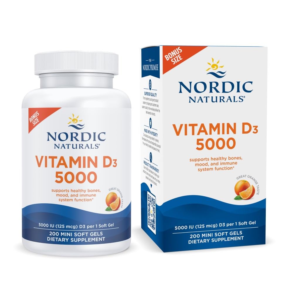 Bottle of Nordic Naturals Vitamin D3 5000 IU Orange Mini Soft Gels