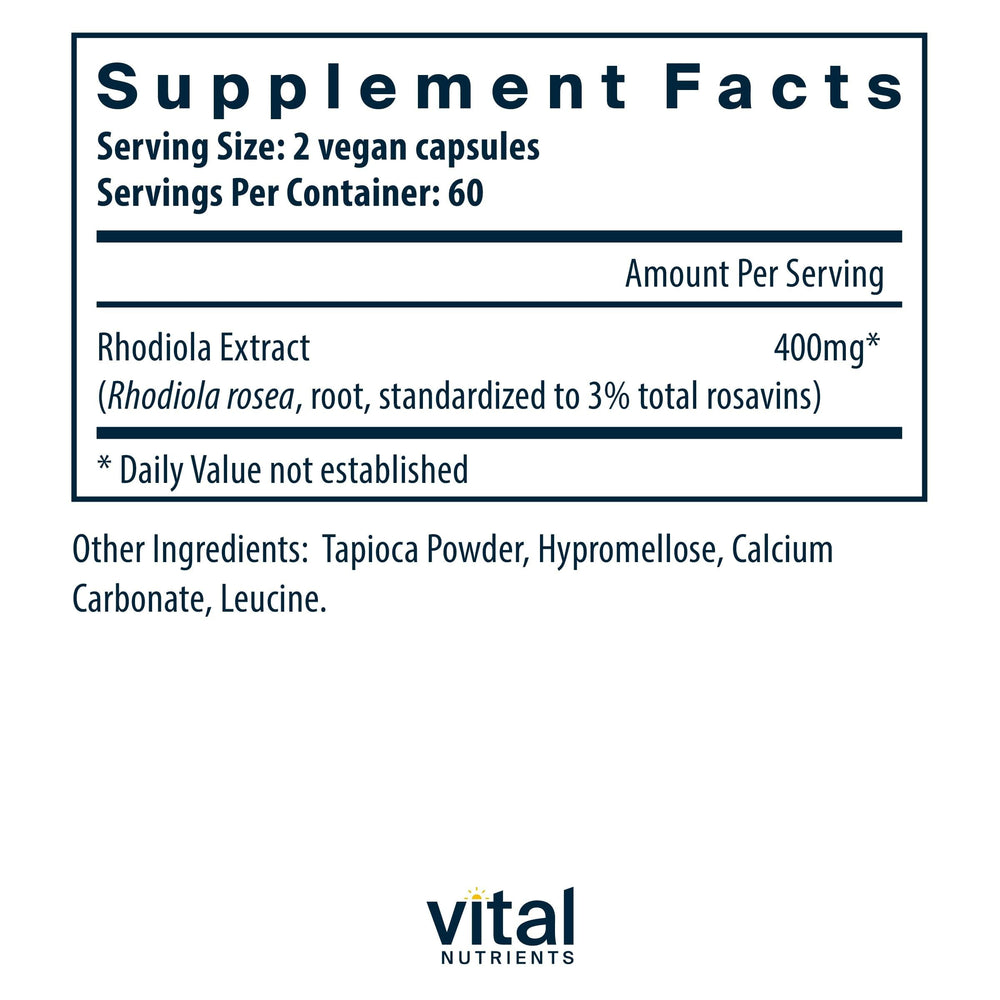 Rhodiola Rosea supplement bottle close-up of label