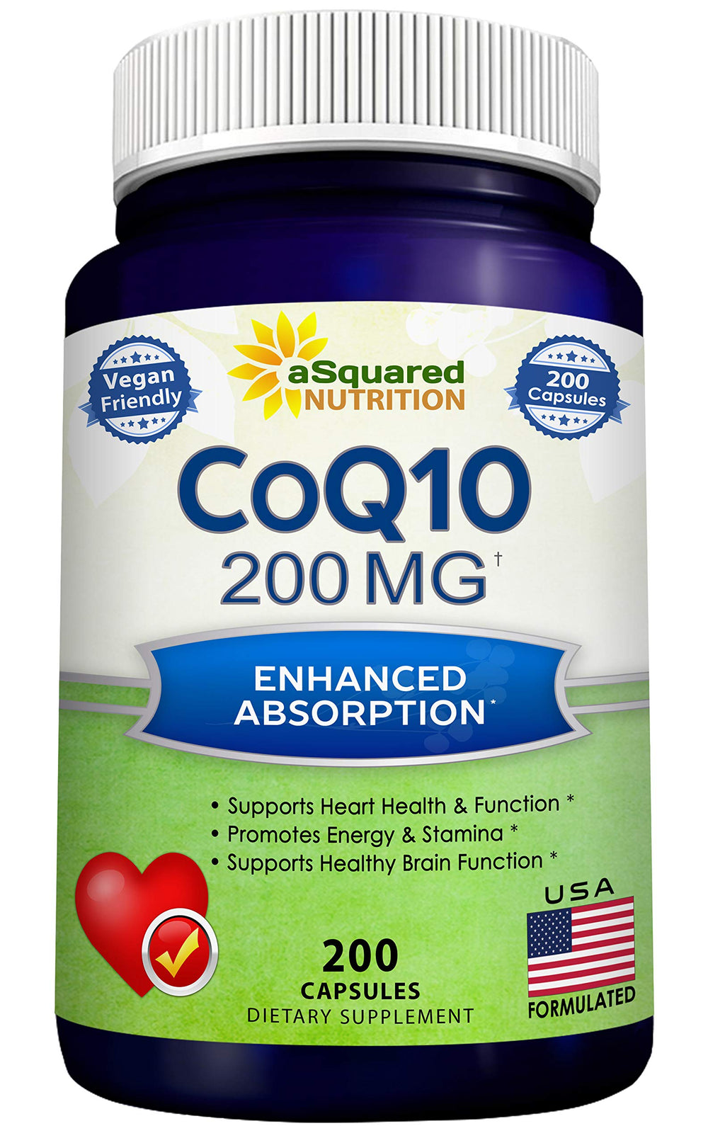 Bottle of aSquared Nutrition CoQ10 200 capsules with 200 mg per capsule