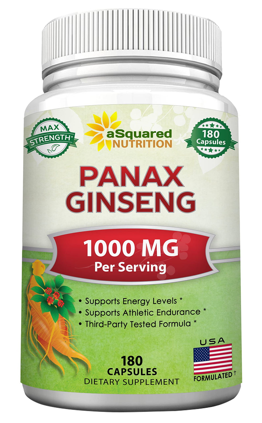 Bottle of aSquared Nutrition Red Korean Panax Ginseng – 180 capsules