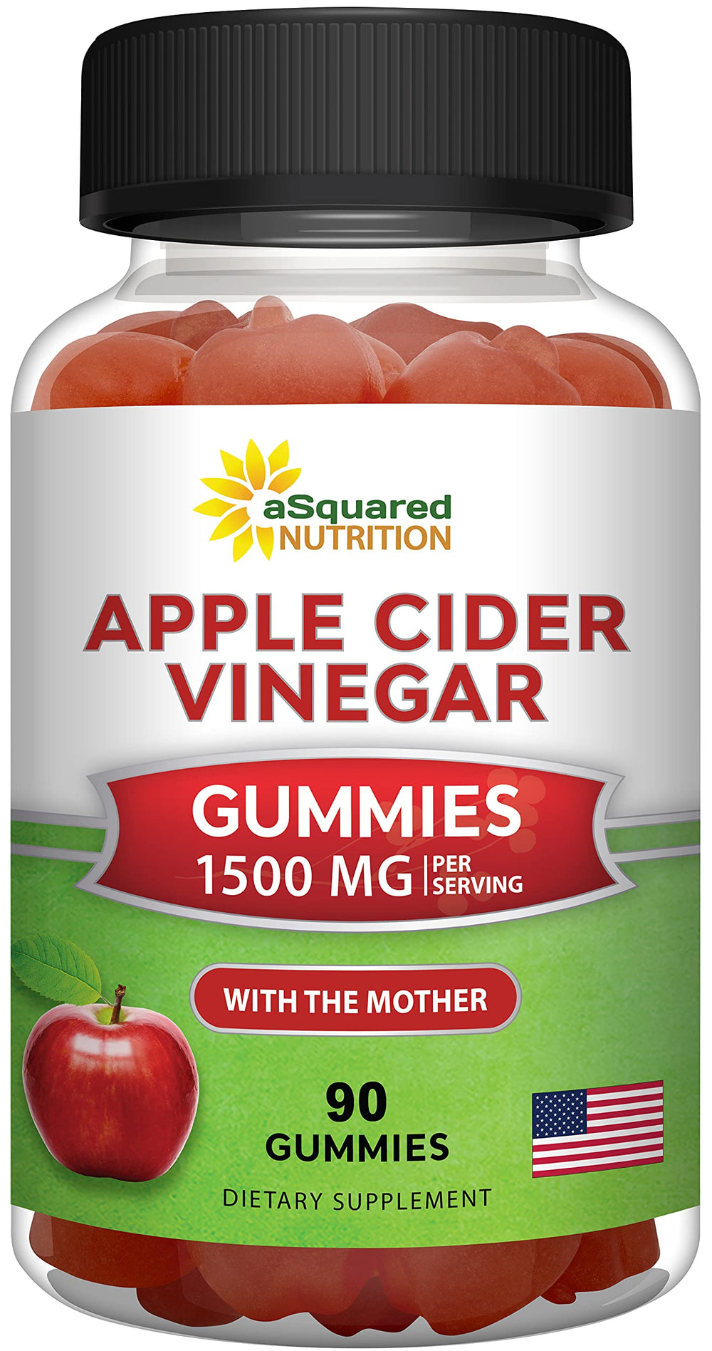 aSquared Nutrition Apple Cider Vinegar Gummies 1500mg with The Mother front view