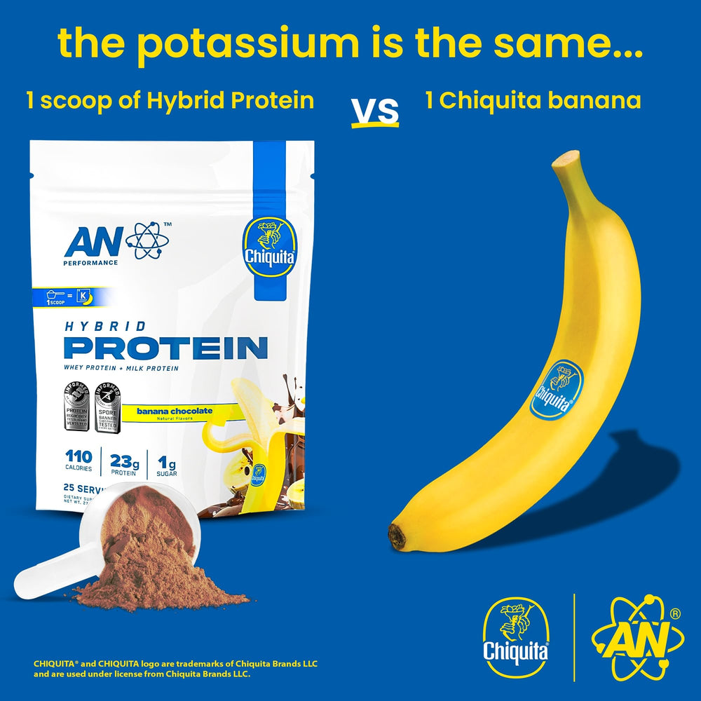 ABE All Black Everything AN Performance Whey flavor Chiquita Banana Chocolate with scoop for precise measuring