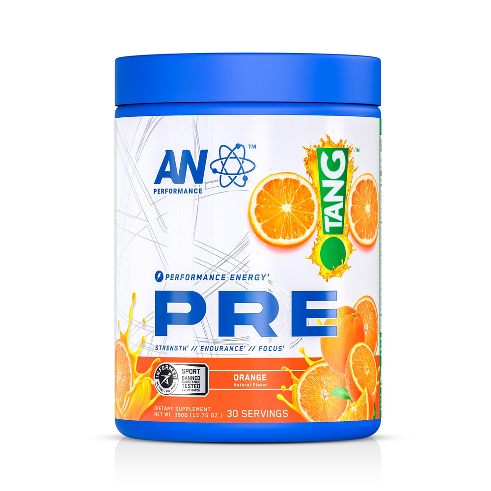 ABE AN Performance preworkout Tang orange tub energizes workouts with focused energy.