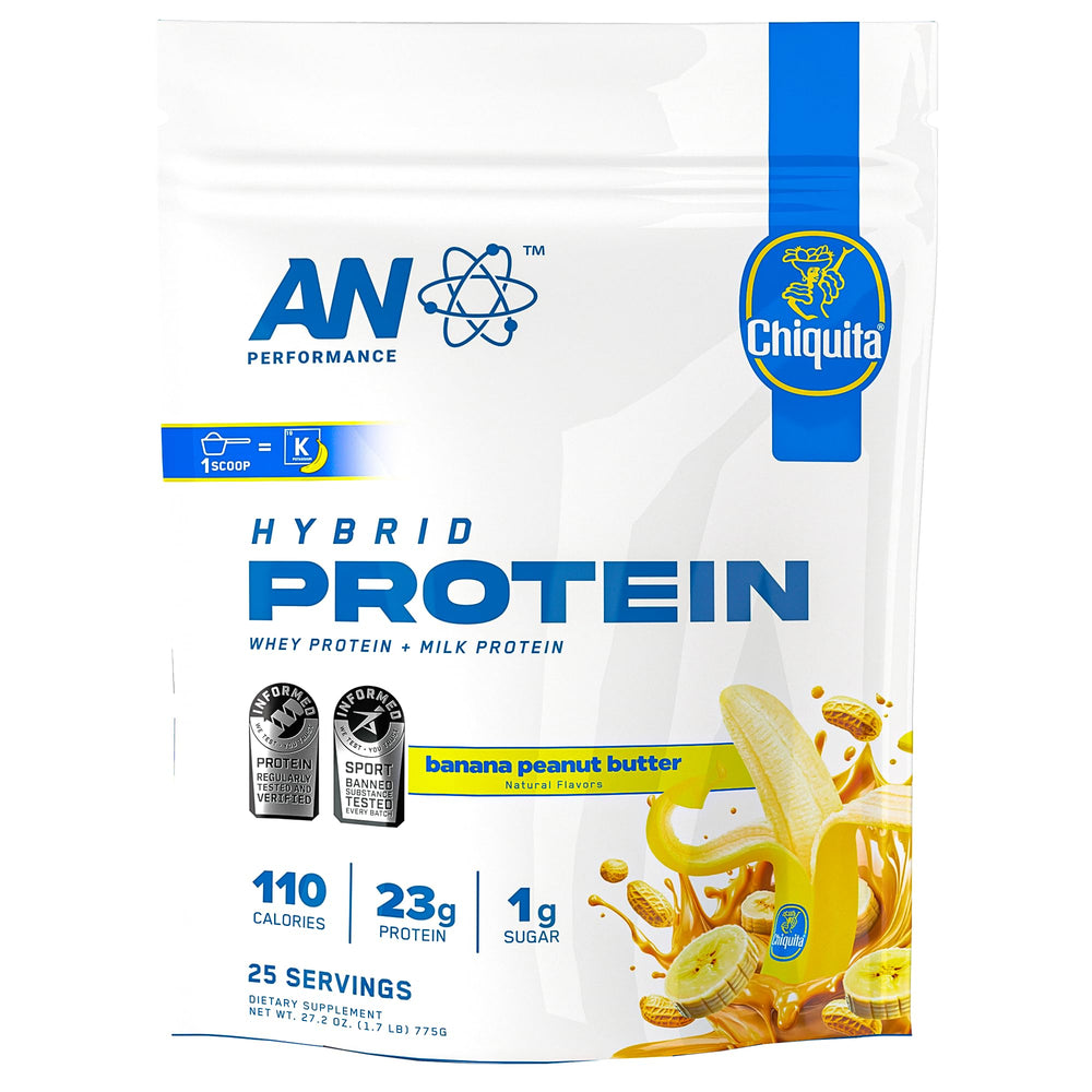 ABE AN Performance Whey bottle with Chiquita Banana Peanut Butter flavor for post-workout protein.