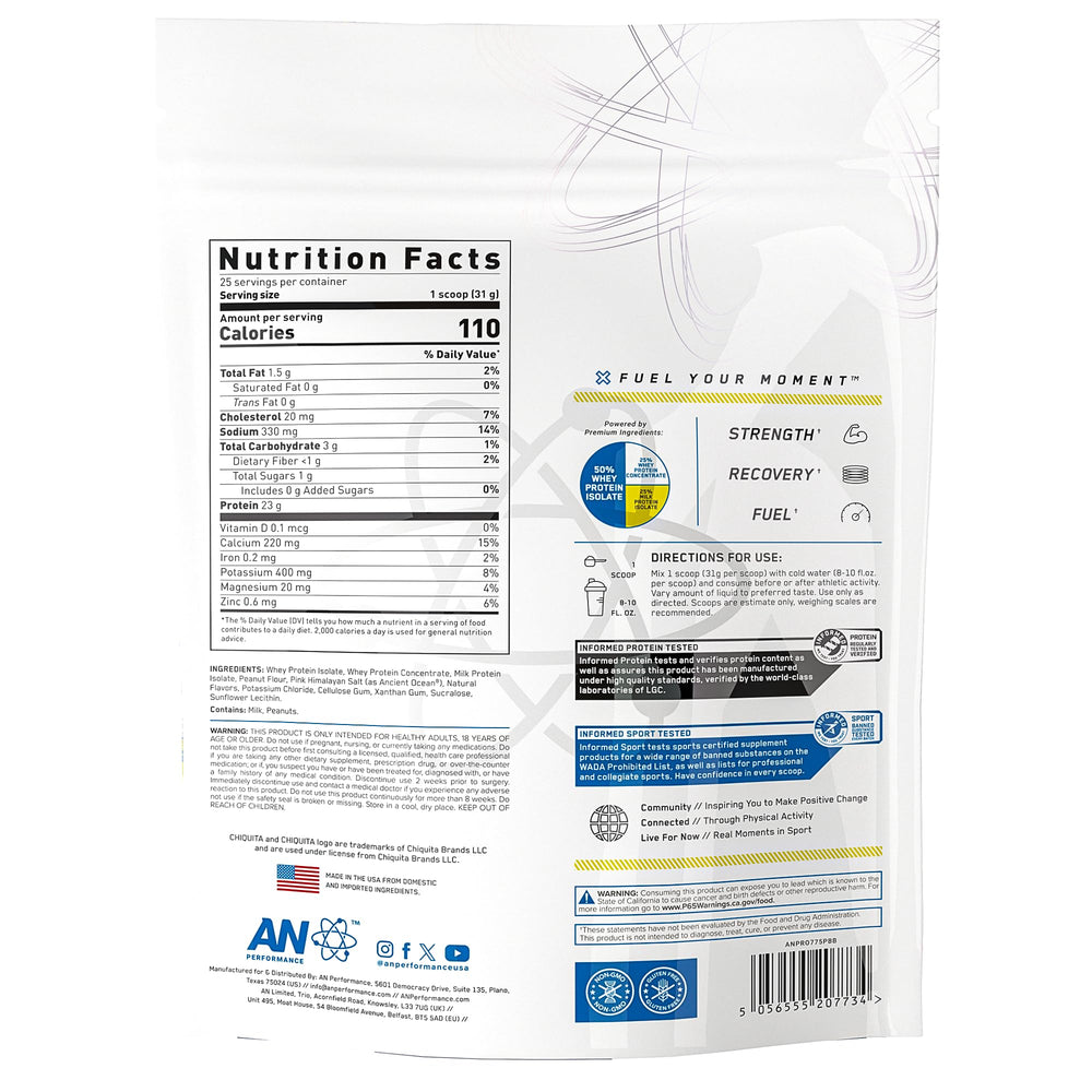 ABE AN Performance Whey shake featuring Chiquita Banana Peanut Butter flavor and high protein per serving.