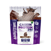 About Time Casein Chocolate tub front showing premium nighttime recovery protein.