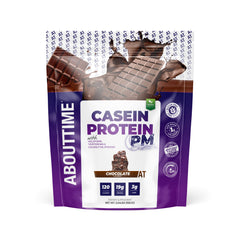 About Time Casein Chocolate tub front showing premium nighttime recovery protein.