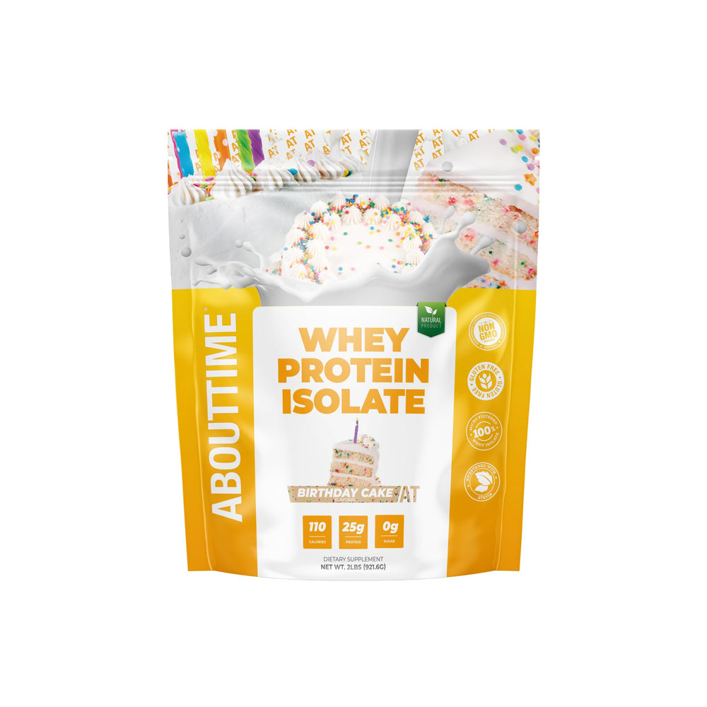 About Time Whey Isolate Birthday Cake flavor tub with scoop